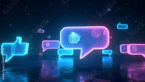Dynamic neon social media icons, like and chat bubbles float in dark space, creating buzz