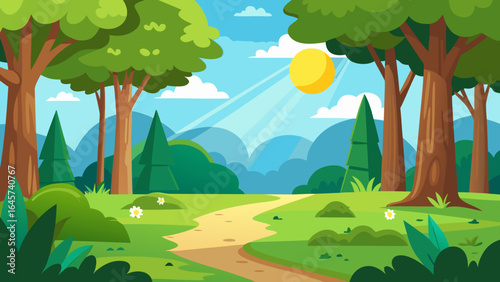 Cartoon Sunny Glade in Dense Woodland with Lush Green Grass