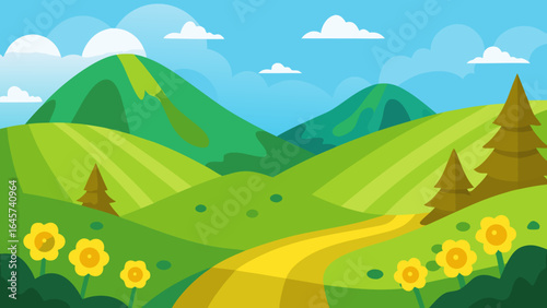 Cartoon Valley with Green Hills and Yellow Flowers Bright Landscape
