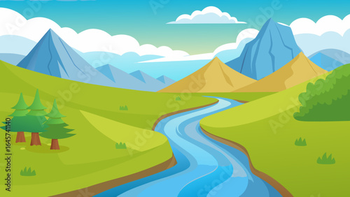 Cartoon Valley with River Running Through Grassy Plains Landscape