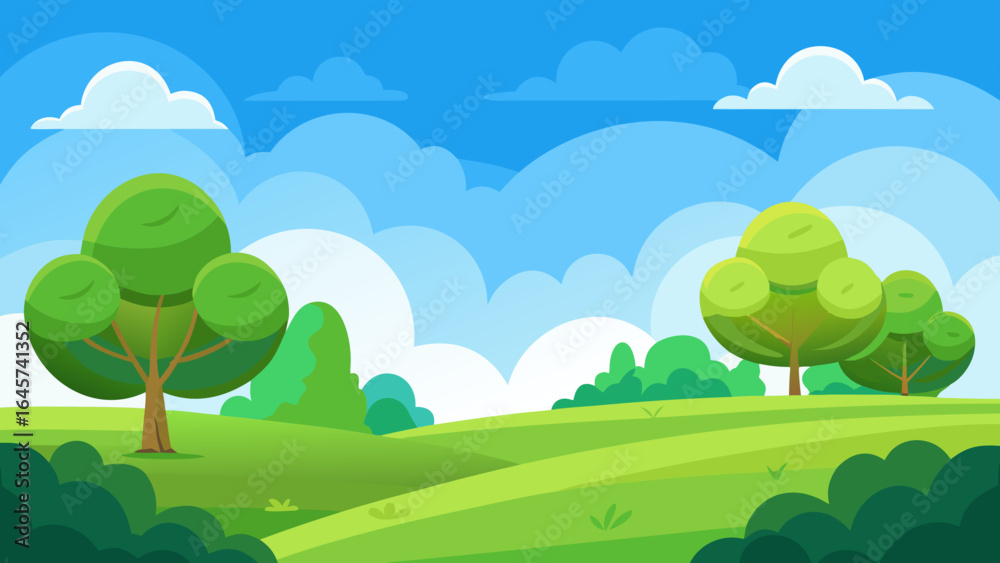 Fototapeta premium Cartoon Green Field with Bushes and Trees Under Bright Blue Sky
