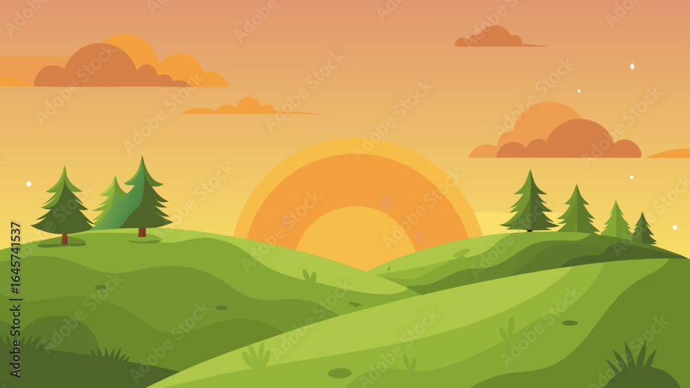 Obraz premium Cartoon Grassy Hills with Scattered Trees and Orange Glowing Sunset Sky