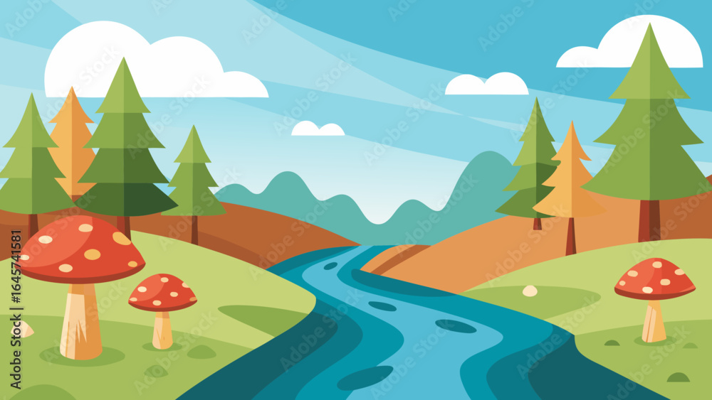 Obraz premium Cartoon River Flowing Between Tall Trees with Mushrooms Enchanting Woodland