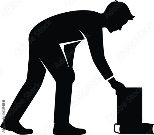 Silhouette of a man picking up a suitcase, representing travel, business trips, and modern lifestyle with minimalist design
