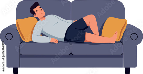 Man Relaxing on Purple Sofa with Orange Pillows in Casual Home Setting Vector 
