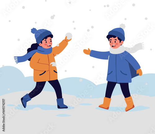 Children playing snowball fight in winter clothing with blue and orange jackets vector illustration 