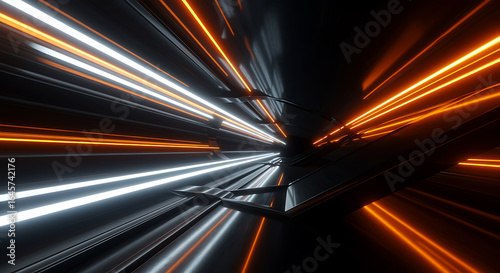 Dynamic abstract tunnel with vibrant orange and white light streaks creating a modern futuristic scene