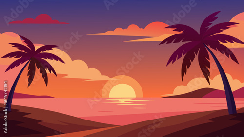 Stunning Sunset Glow Over a Beach with Long Palm Shadows