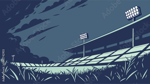 Moody Stadium Illustration with Lights and Overgrown Grass.