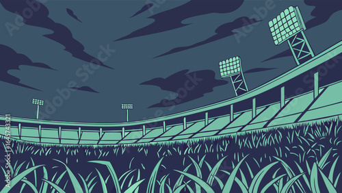 Night Stadium View from the Grass Illuminated Stands and Floodlights.