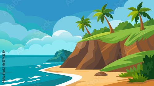 Flat Tropical Coastline with Rocky Outcrop and Blue Ocean