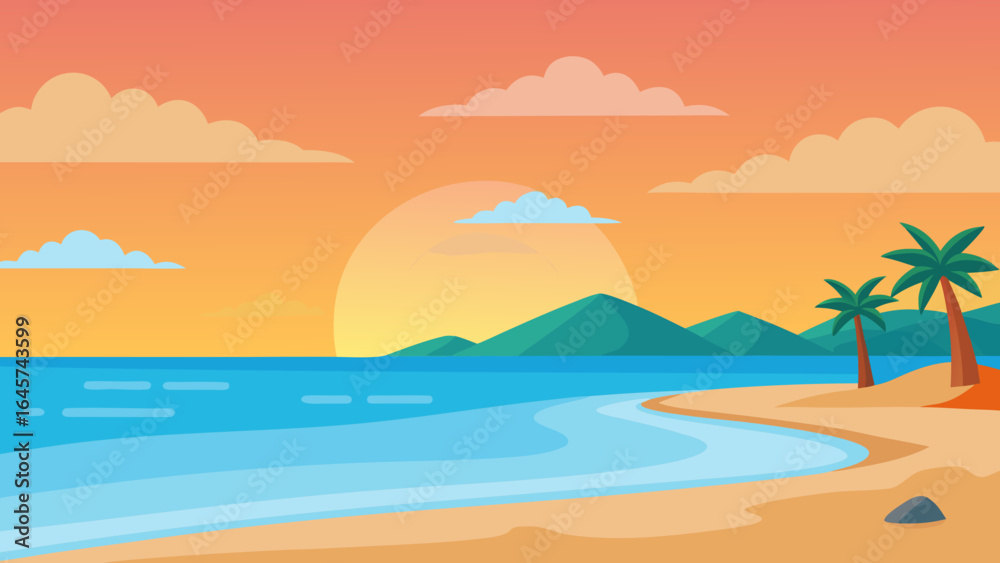 Fototapeta premium Flat Vector of a Sunset Beach with Calm Water and Golden Sky