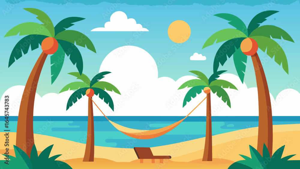 Fototapeta premium Palm Lined Shore with a Hammock Between Trees for Relaxation