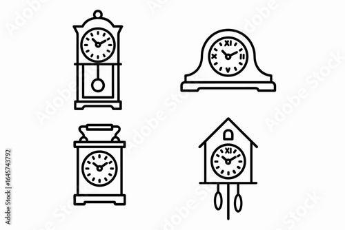 Vintage clock line icons set with pendulum wall and cuckoo clocks