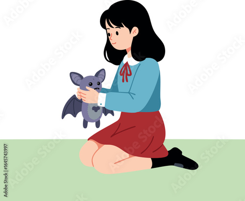 Girl holding small bat plush toy sitting on green floor vector illustration 