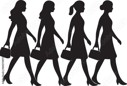 Four women silhouettes walking with handbags