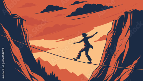 Person Walking Tightrope Between Mountains at Sunset.