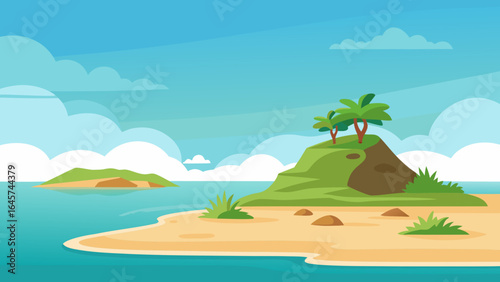 Calm Beach with a Small Island in the Distance and Blue Ocean Water