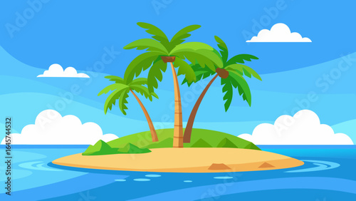 Tropical Island with Palm Trees and Calm Ocean Under a Sunny Blue Sky