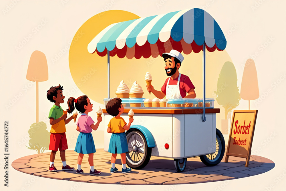 Fototapeta premium Retro Summer Ice Cream Cart Scene with Happy Children