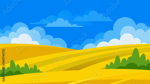 Golden Yellow Fields Under a Cloudy Blue Sky Landscape