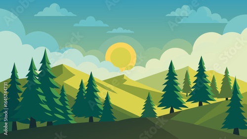Majestic Hilly Pine Forest Under a Bright Sunny Sky