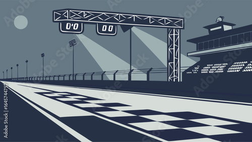 Race Track Finish Line with Grandstand and Checkered Pattern.