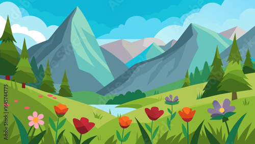 Vibrant Flowering Meadow Nestled in a Mountain Valley