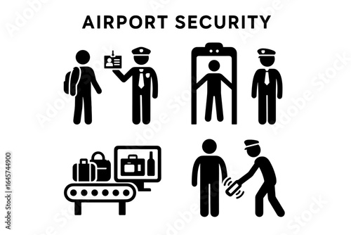 Airport security icons set – travel screening, luggage inspection, passenger safety, simple line style