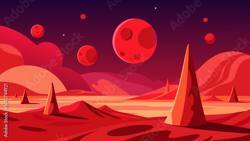 Dramatic Red Alien Terrain with Mysterious Distant Planets