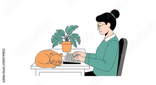 A woman working on a laptop at her desk with a sleeping cat and a potted plant nearby.