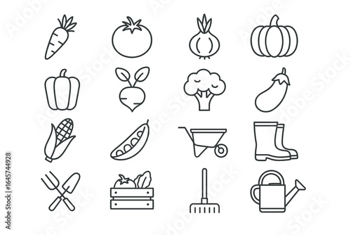 Minimalist gardening icons set – plant care tools, home garden essentials, eco-friendly horticulture, simple line style