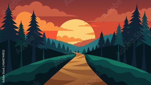 Enchanting Forest Path Leading to a Vibrant Sunset Horizon