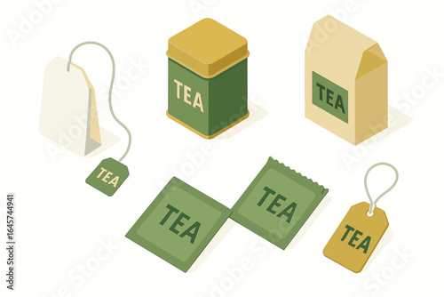 Tea packaging styles icons set – beverage branding, product containers, herbal tea design, simple line style