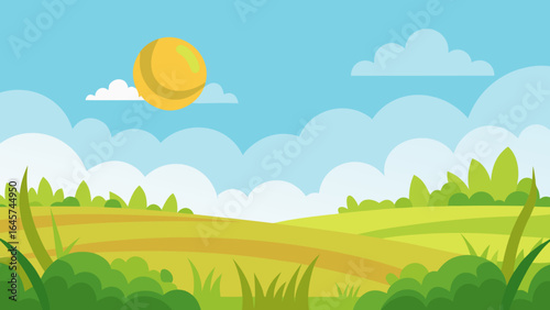 Whimsical Cartoon Grass Field Under a Sunny Blue Sky