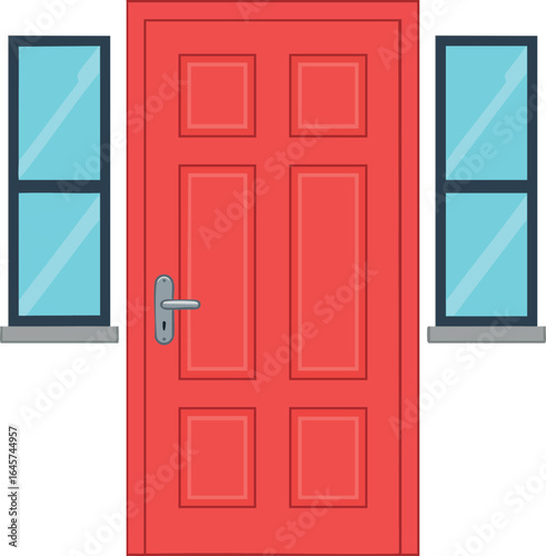 Red front door with silver handle and adjacent blue windows vector illustration 