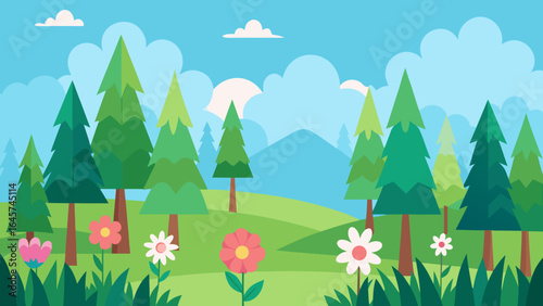 Colorful Flower Meadow with Tall Evergreen Trees Backdrop