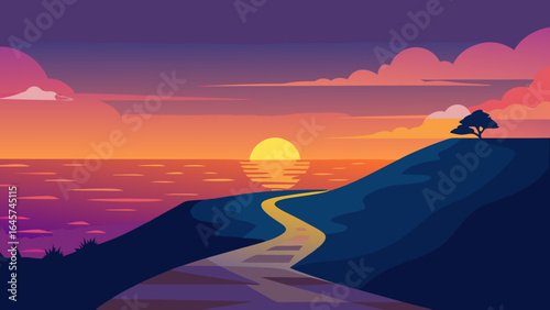 Golden Sunset Light Over Ocean from Coastal Hill Path View
