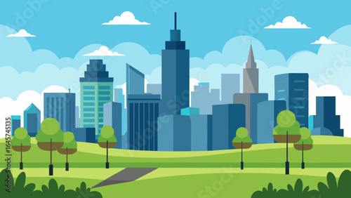 Stunning Urban Skyline Seen from Serene Park Meadow