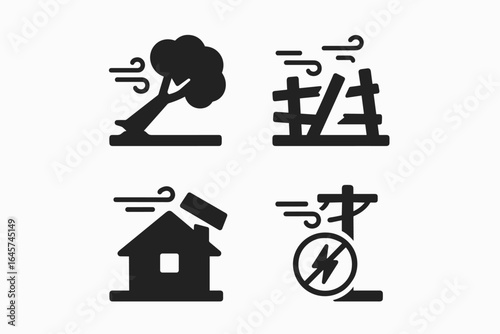 Wind impact icons set – weather effects, storm damage, environmental forces, simple line style