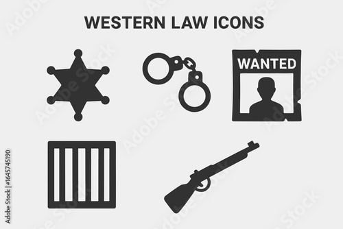 Western law icons set – justice system, legal principles, court symbols, simple line style