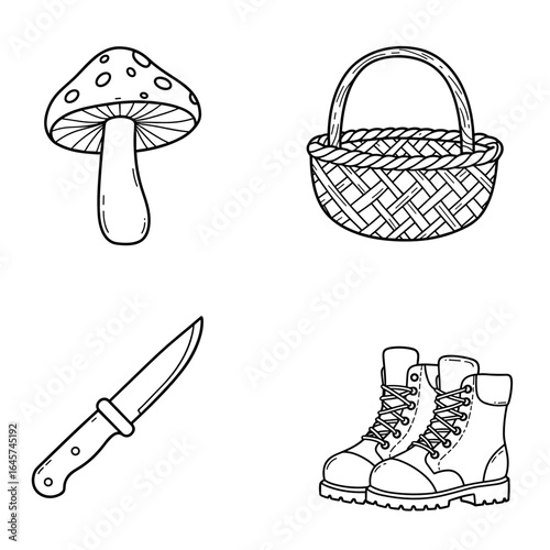 Collection of Mushroom picking-themed icons, including Mushroom, basket, knife, boots  