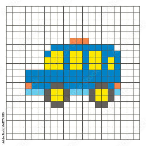 A flat pixel design made of geometric square color blocks on a clean grid layout. Pixel art minibus