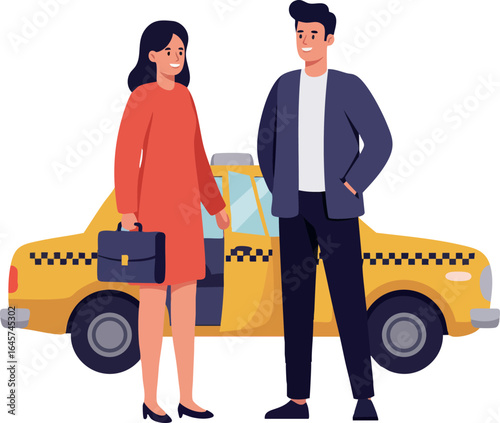 Businessman and businesswoman standing near yellow taxi cab vector illustration 