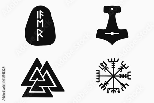 Viking symbols icons set – Norse mythology, ancient Scandinavian culture, runes and warrior emblems, simple line style
