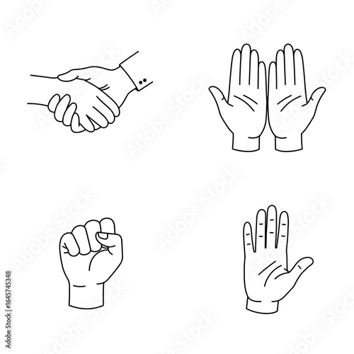 Collection of Psychological health-themed icons, including Hand holding another hand, open palms, clenched fist, relaxed hand
