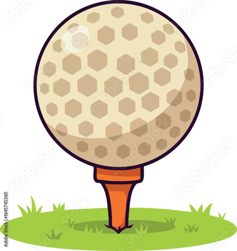 Golf ball on orange tee green grass simple vector illustration cartoon style 