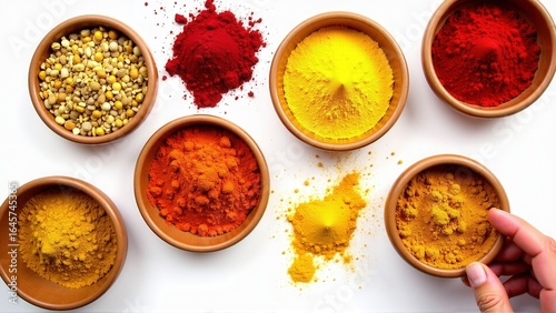 Vibrant bowls of spices and lentils are displayed on a clean white surface from above view.