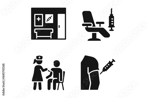 Vaccination environment icons set – healthcare facilities, immunization process, medical safety, simple line style