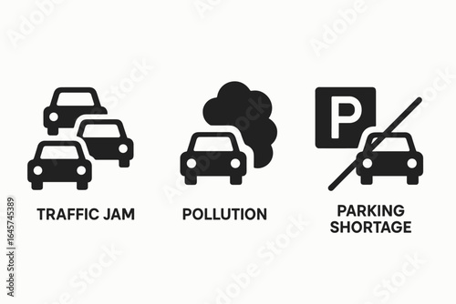 Urban transport problems icons set
